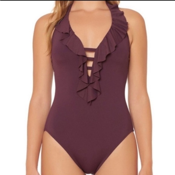 BLEU Rod Beattie Purple Strappy Ruffle Halter One Piece Swimsuit Size 6 Boho - Picture 1 of 13